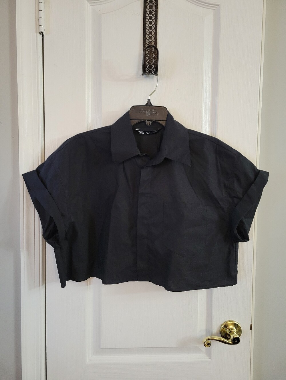 NWT Zara 100% Cotton Poplin Pocket Cropped Shirt Short Sleeve Black Size Small